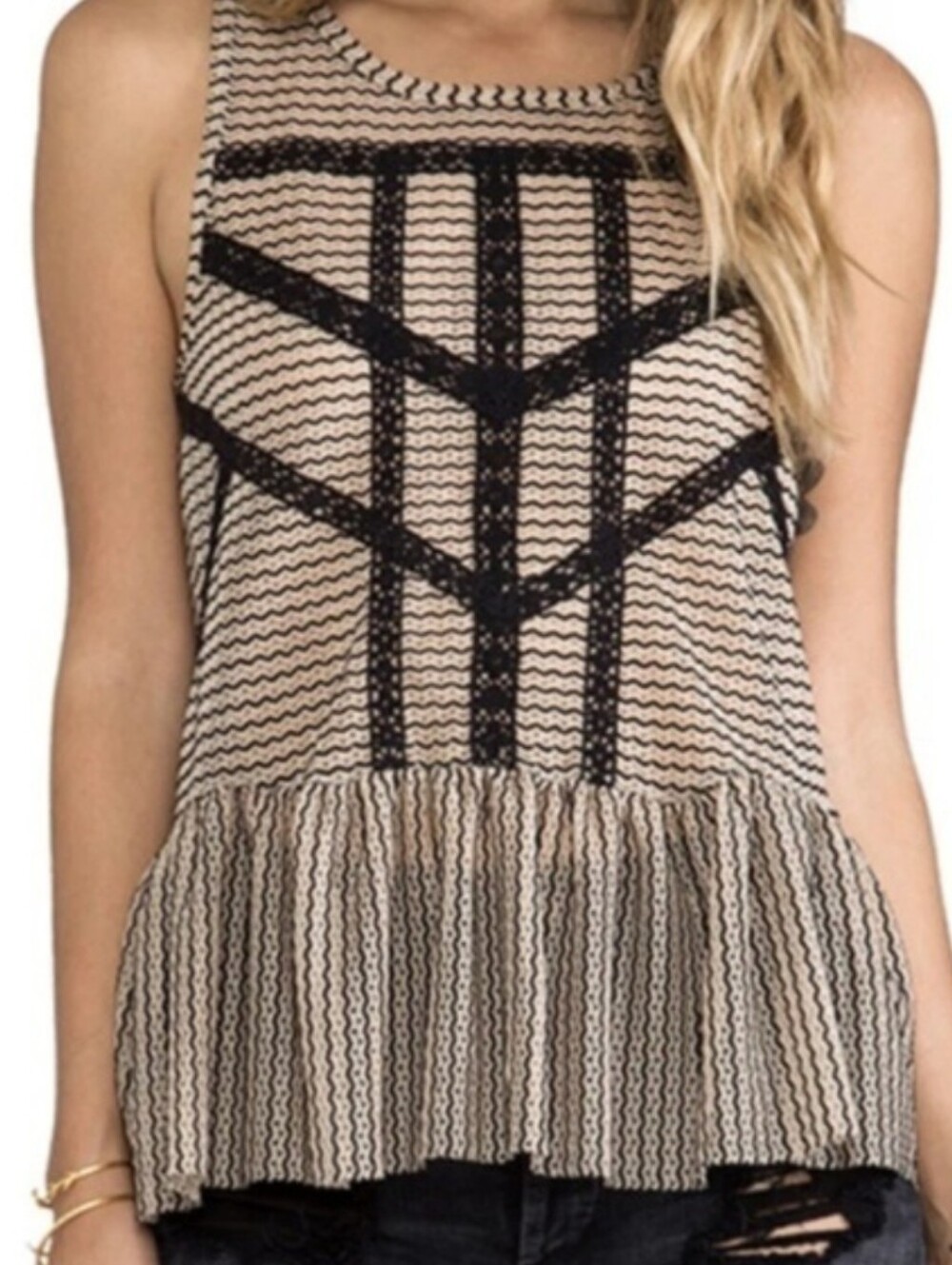 Free People Lace Peplum Tank Top Cutout Back Beige Black Size Small